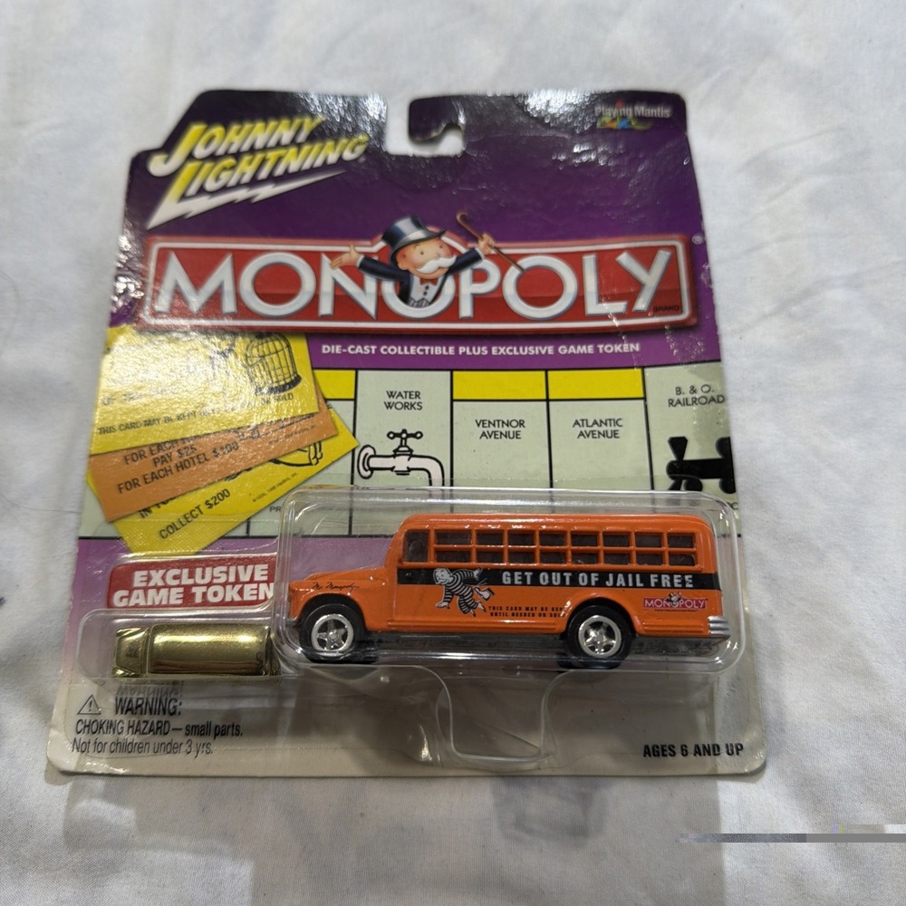 JOHNNY LIGHTNING - MONOPOLY GET OUT OF JAIL‎ FREE - '56 CHEVY SCHOOL BUS / TOKEN